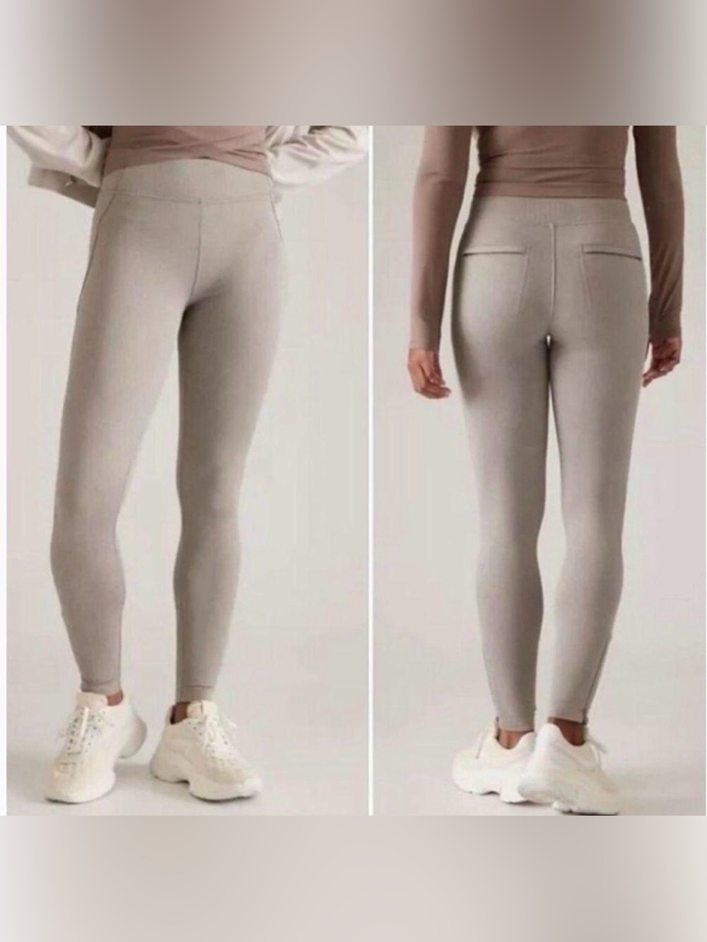 Athleta Delancey Herringbone Beige High-Waist Ponte Legging Zipper Pockets Small